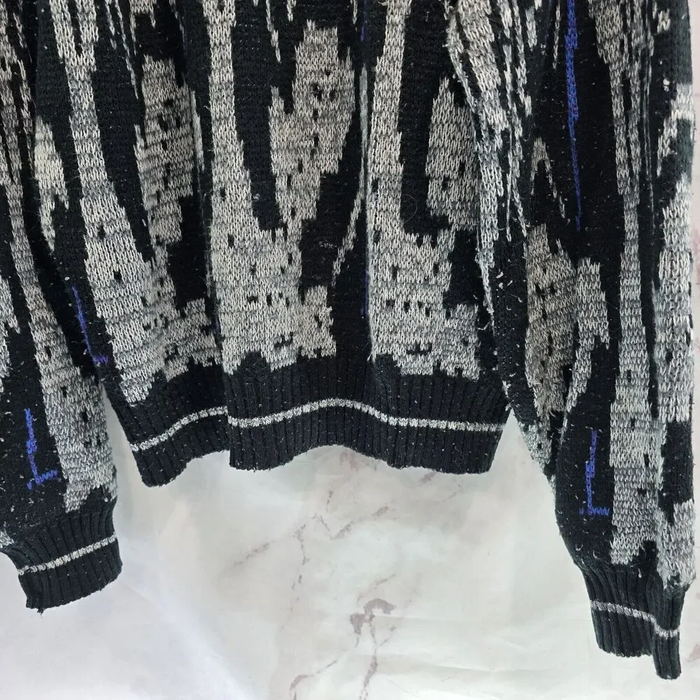 Vintage Sweater Mens XL Black Gray Blue Acrylic 80s 90s Raglan Ikat Abstract
